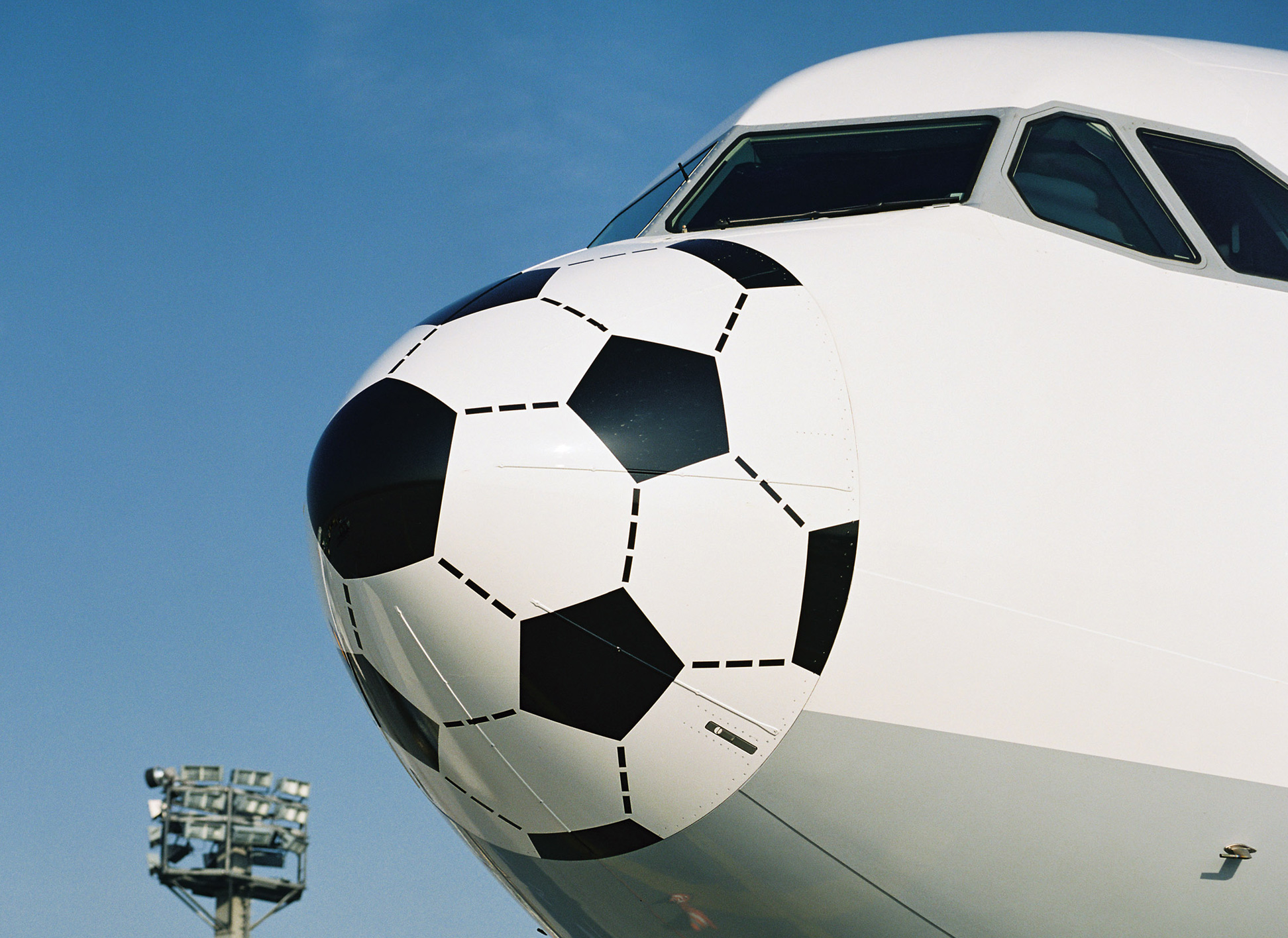 On the occasion of the World Cup in Germany, aircraft from all the Lufthansa fleets advertise the host country with a classic black-and-white football pattern.