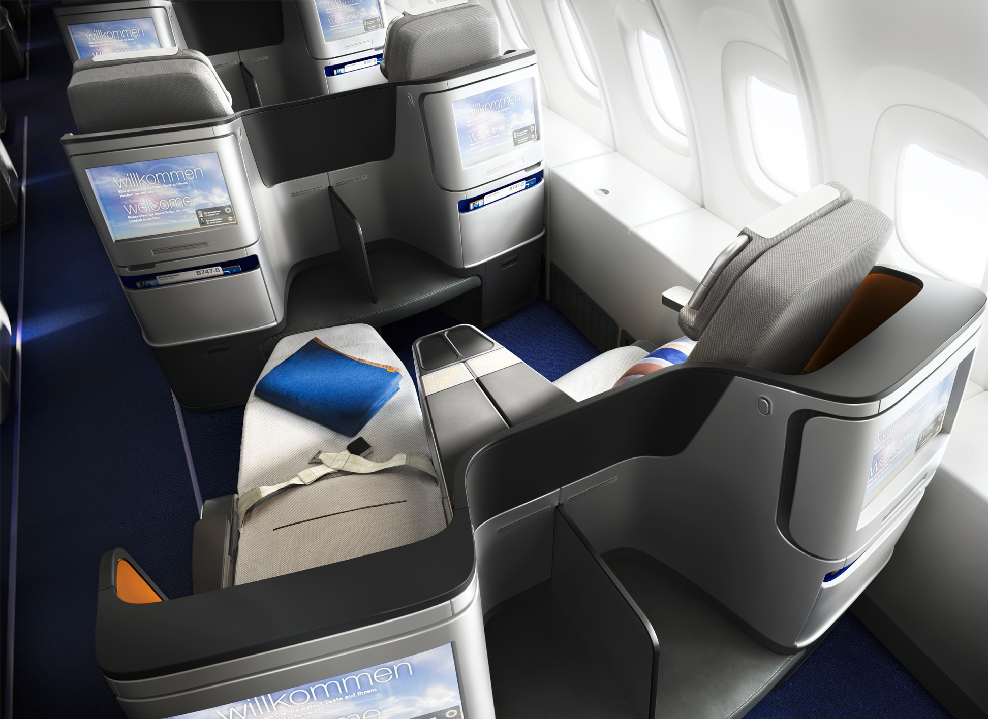 The new Business Class seats offer outstanding comfort in both reclined and upright positions. At the push of a button, they convert to comfortable beds with a horizontal reclining surface of 1.98 metres in length.
