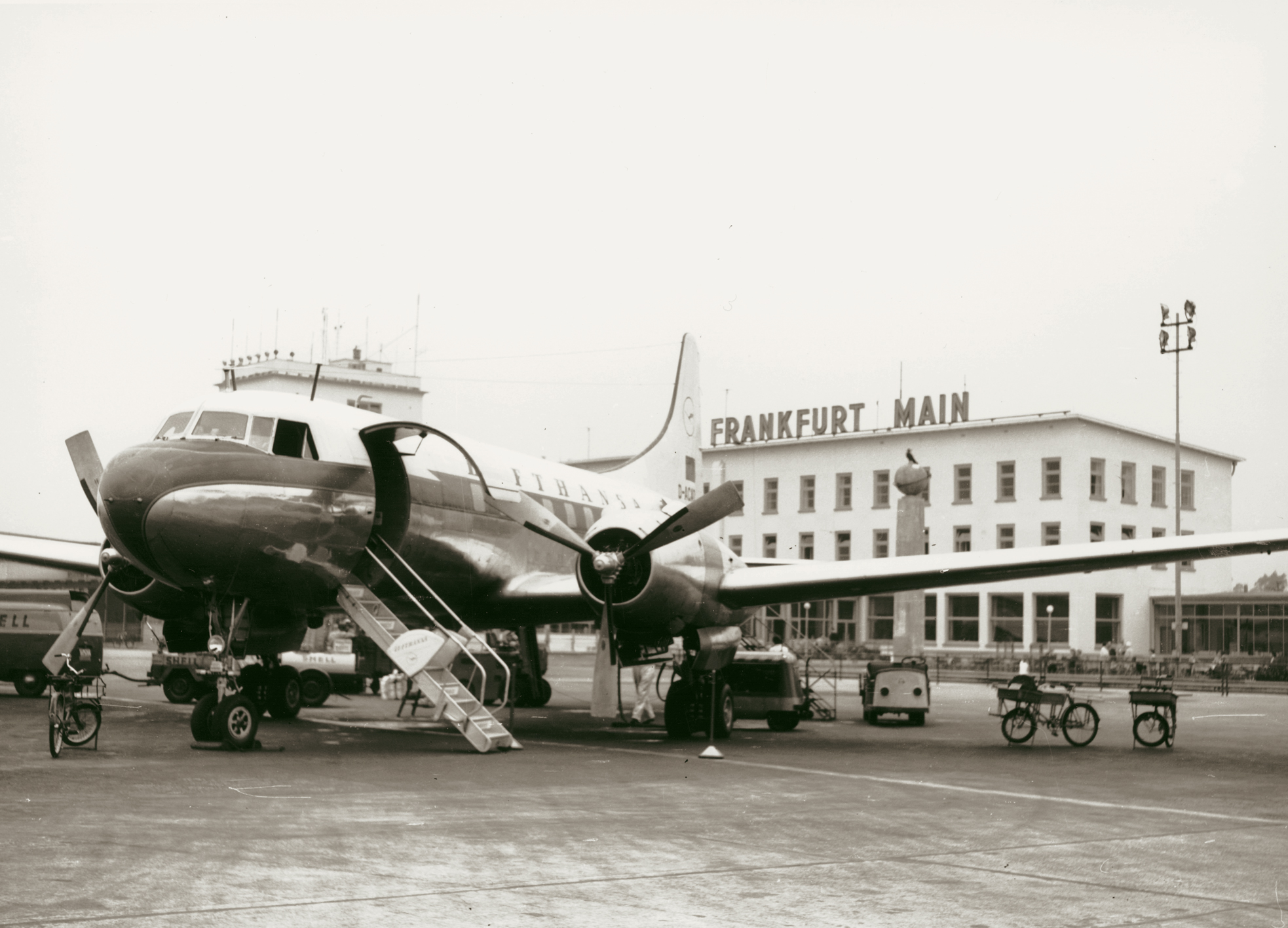 A Convair CV340 in front of the terminal at Frankfurt Airport shortly after operations started  up again.