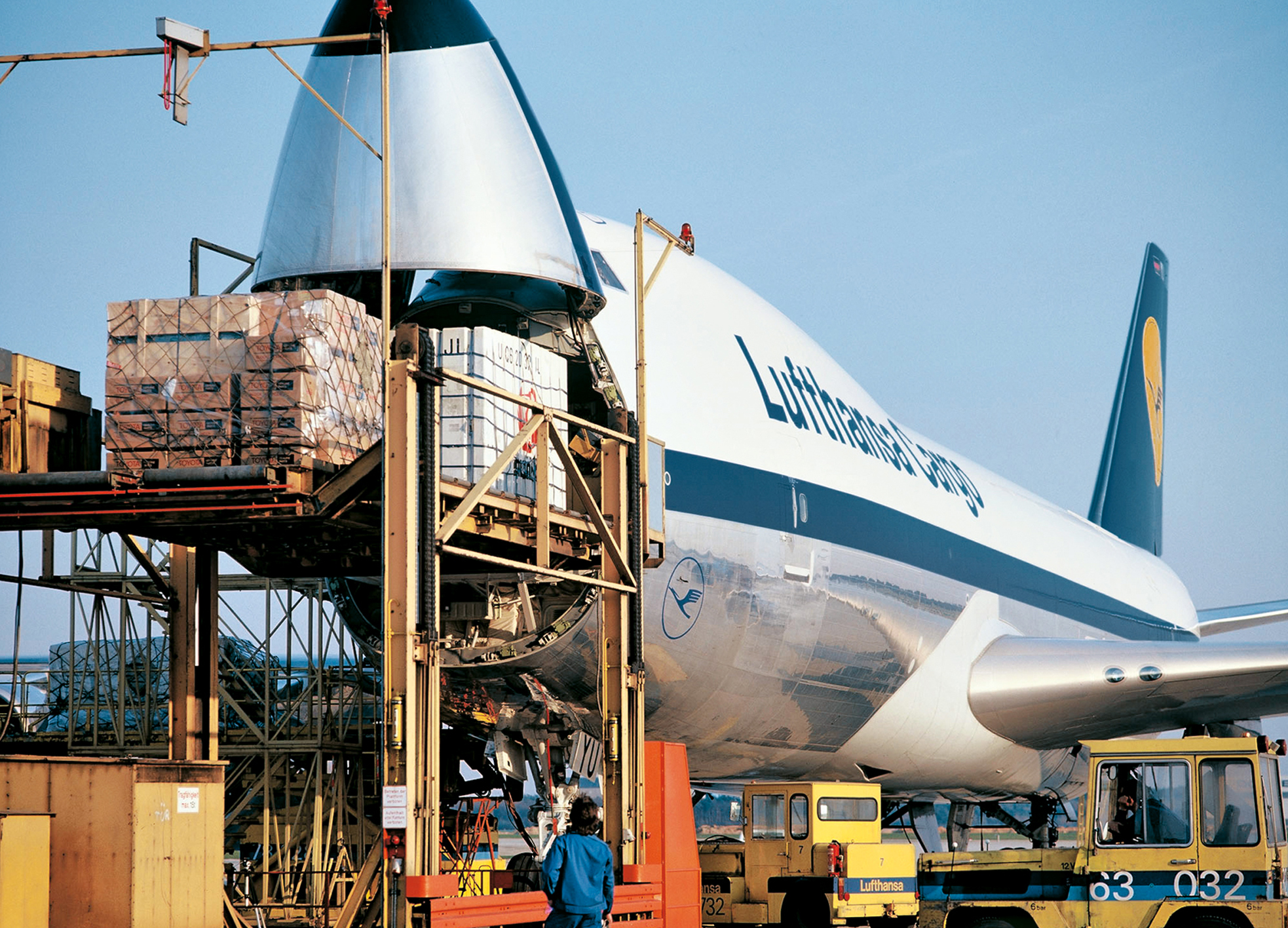 The freight version of the “Jumbo Jet” features a front loading door, the “nose,” which allows smooth loading - of even bulky items.