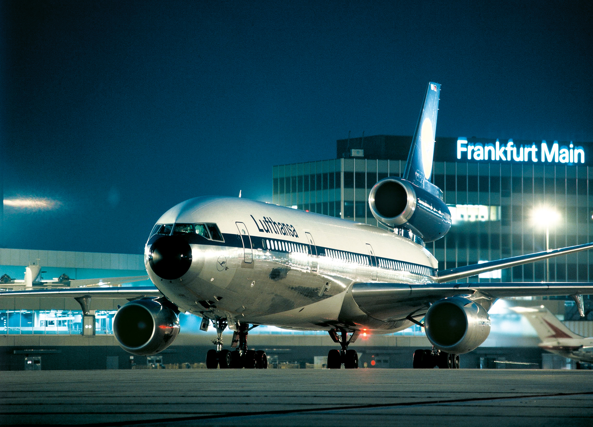 A Douglas DC-10 taxiing on the apron at  Frankfurt Airport.