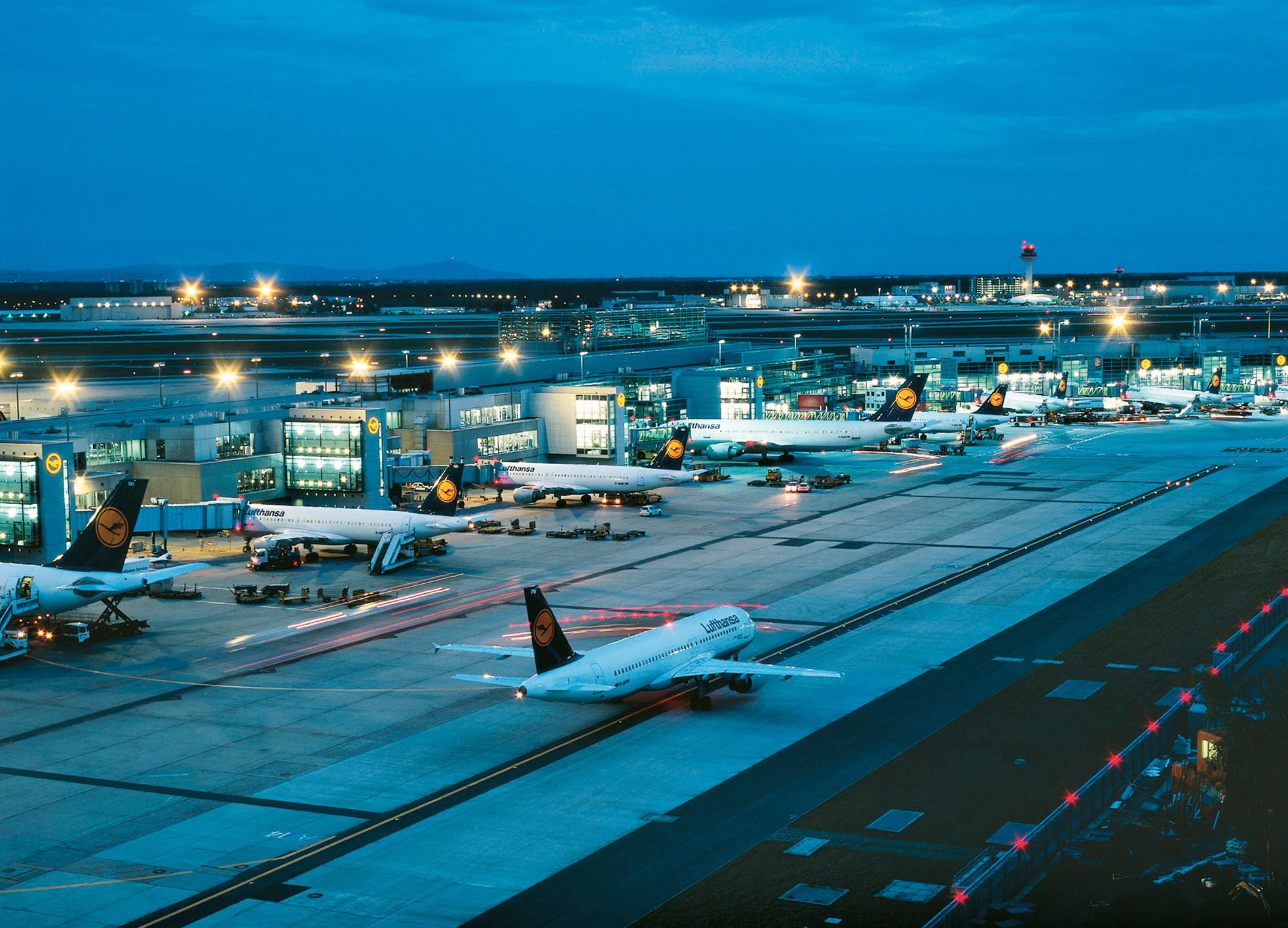 Lufthansa aircraft at Frankfurt Airport's Terminal 1. Its Hall A is used exclusively by Lufthansa.