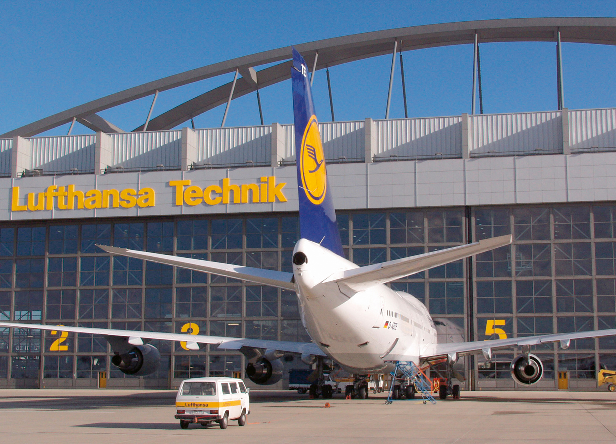 A Boeing B747-400 on the apron in front of the hangars of Lufthansa Technik in Hamburg.