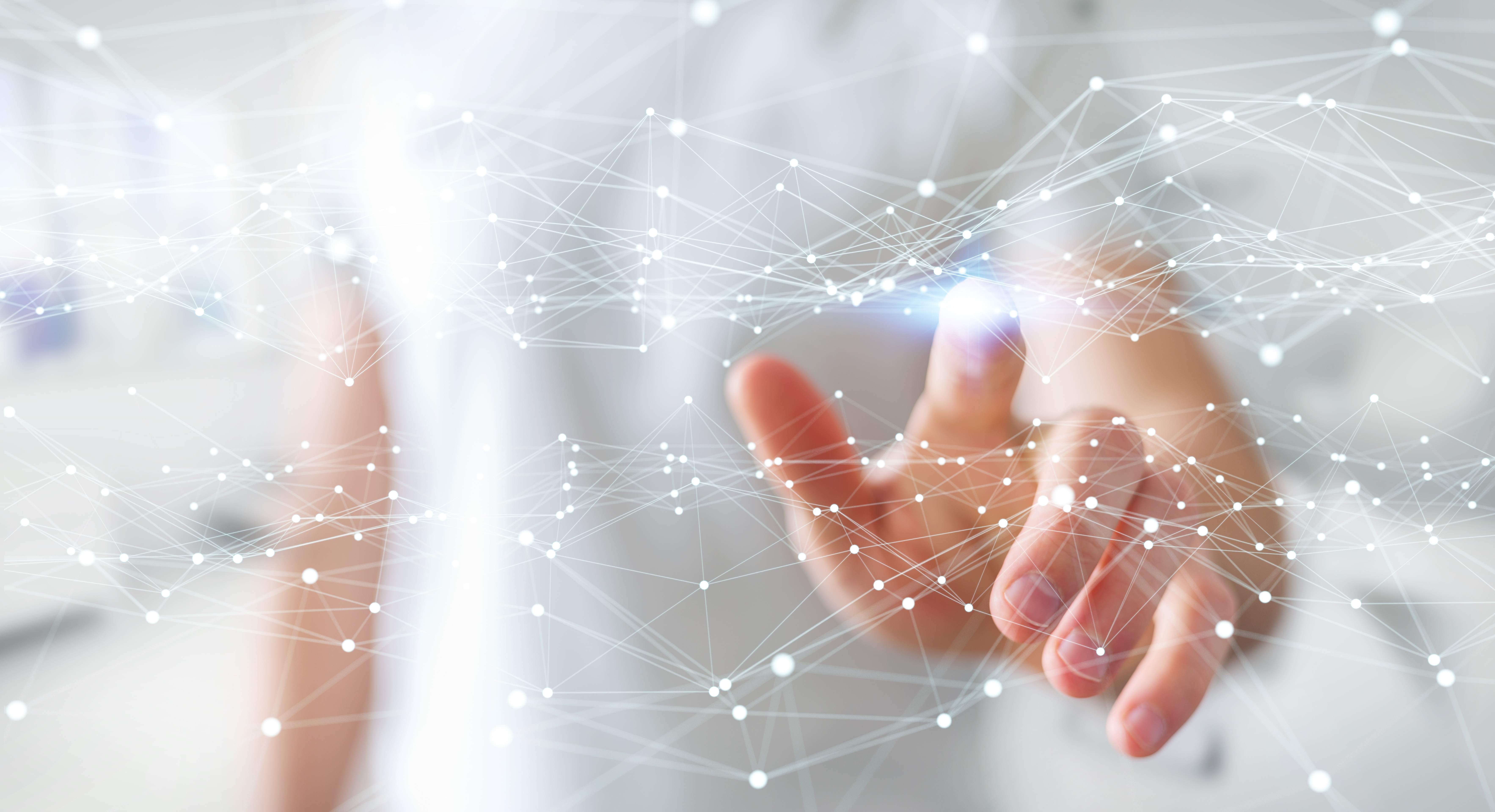 Von einer Hand berührtes Punktflugnetz auf verschwommenem 3D-Hintergrund Von einer Hand berührtes Punktflugnetz auf verschwommenem 3D-Hintergrund